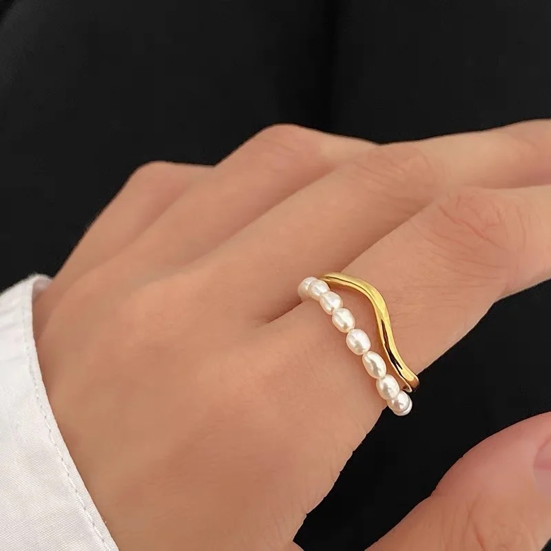 Minar INS Fashion Natural Freshwater Pearl Charm Rings Women Double Layered Gold Color Metal Irregular Geometrical Open Ring fashion rings gold rings fashion ring finger rings metal rings pearl finger ring
