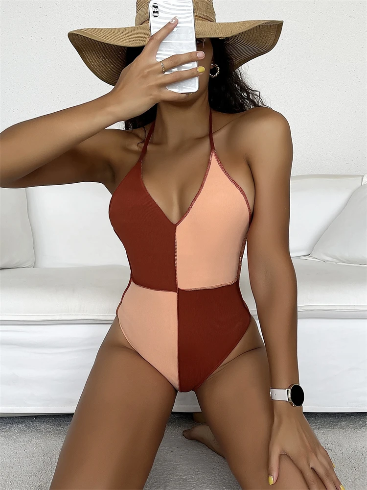 

One Piece Swimsuit Women 2023 New Solid Patchwork V Neck Swimwear Halter Sexy Bodysuit Monokini Summer Beach Bathing Suit Female