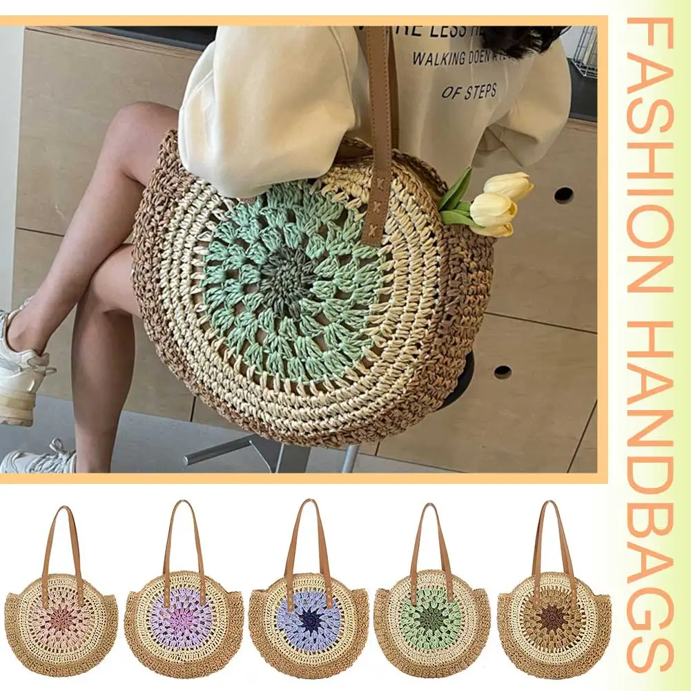 Stylish Round Beach Shoulder Bag with Zipper Closure Eco-Friendly Summer Straw Tote for Women and Girls
