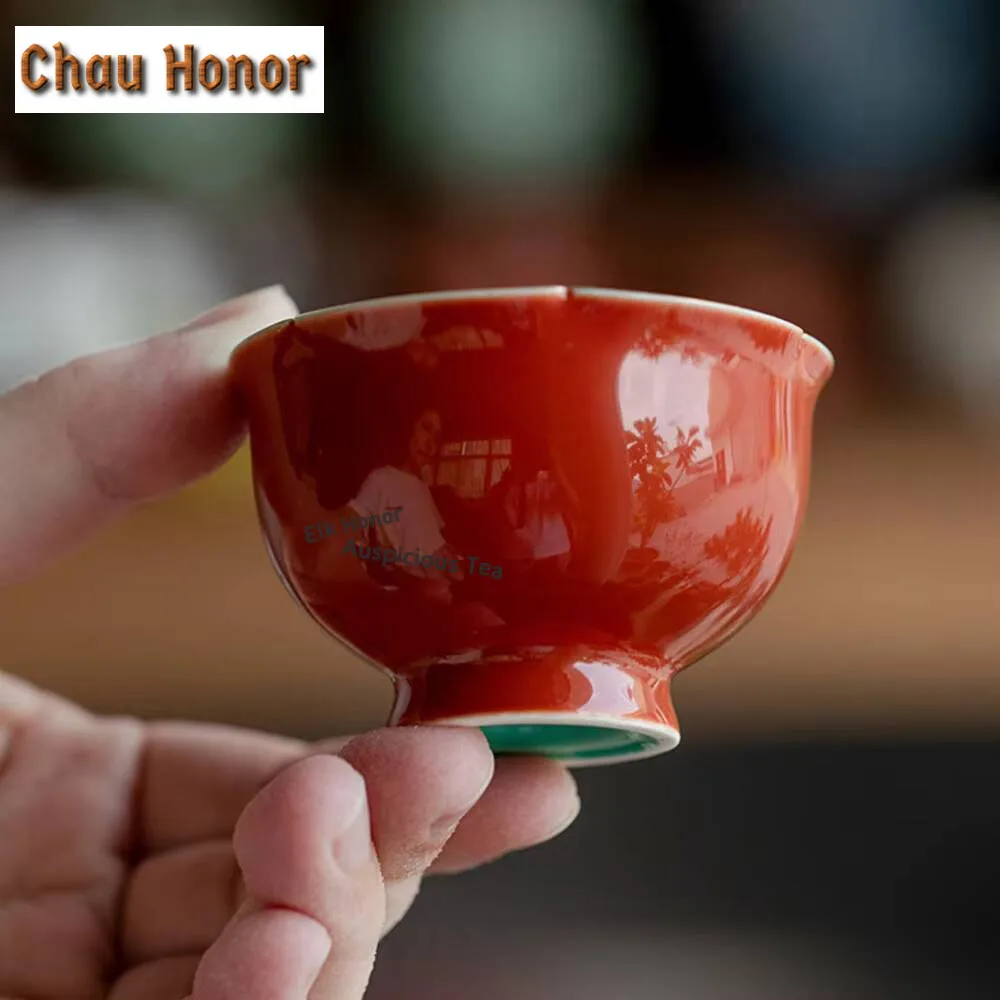 2pc/set Palace Museum Red Ceramic Tea Cup Small High Petal Cup Drinking Chinese Porcelain Kung Fu Set Master Single Cup 40ml