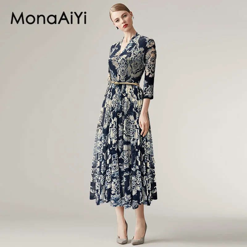 

MonaAiyi Fashion Designer Women's New V-Neck Three Quarter Sleeve Vintage Printed Lace-Up Elegant Shaggy High-Waisted MIDI Dress