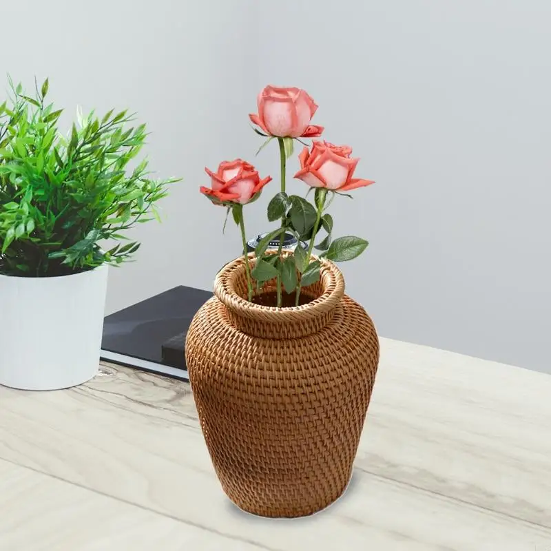 L9NB Rattan Woven Flower Vase Home Desktop Decor Rattan Material Home Garden Supplies 2