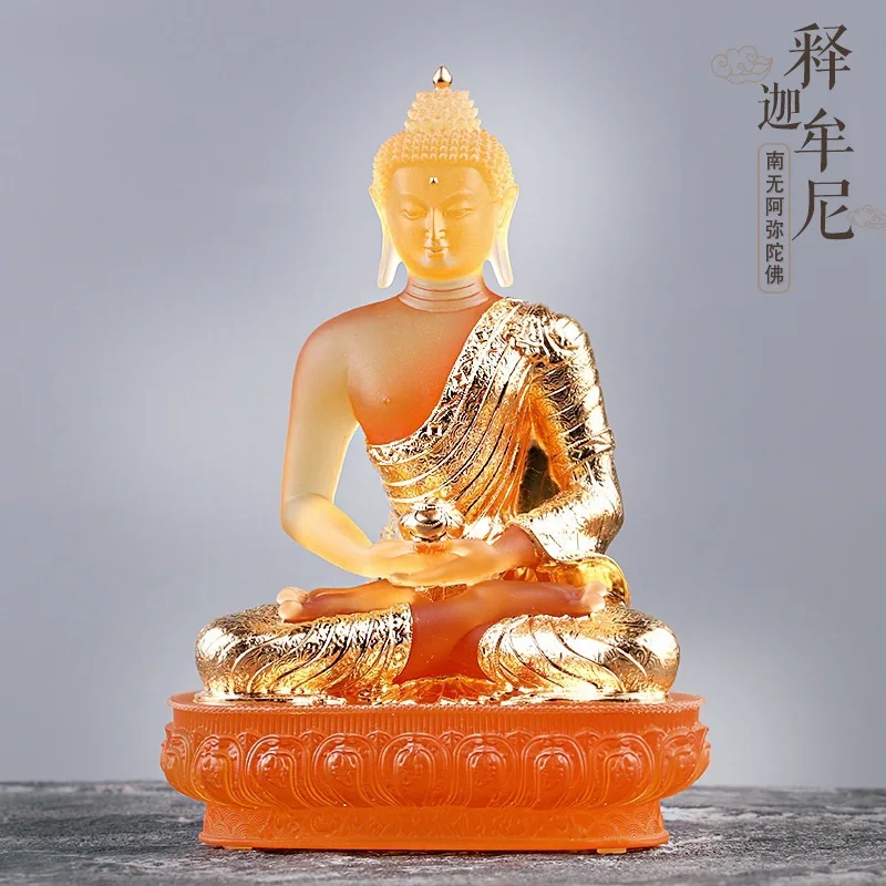 

Coloured Glaze Statue Shakyamuni Tathagata Buddha Statue Paste Gold Worship At Home Artwork