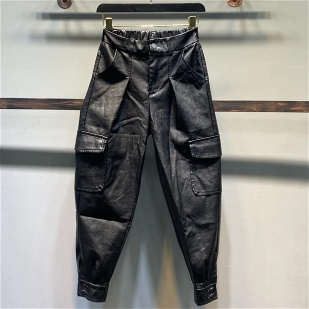 

Casual pocket cool overalls women leggings new autumn and winter black loose Harun pants pu leather pants