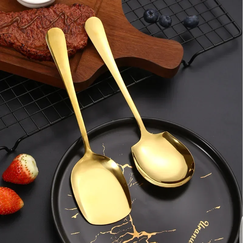 Golden Stainless Steel Food Service Spoon Large Rice Shovel Tableware Long Handle Square Spatula Kitchen Gadgets for Home