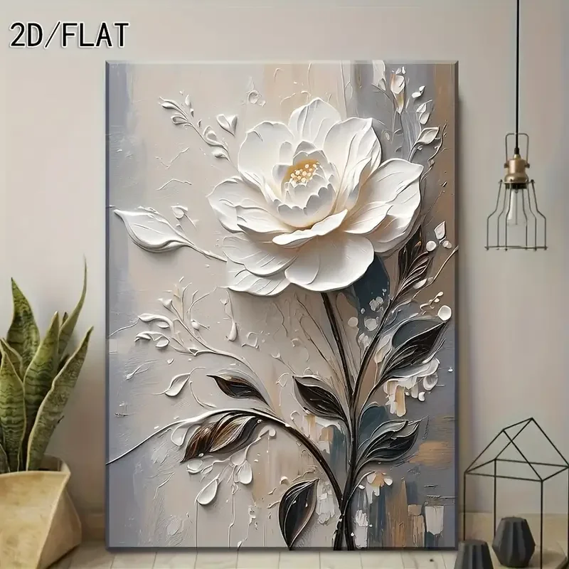 Flat fabric wall art, two-dimensional, one piece, with a modern floral design in a frame - an elegant piece with white flowers and...