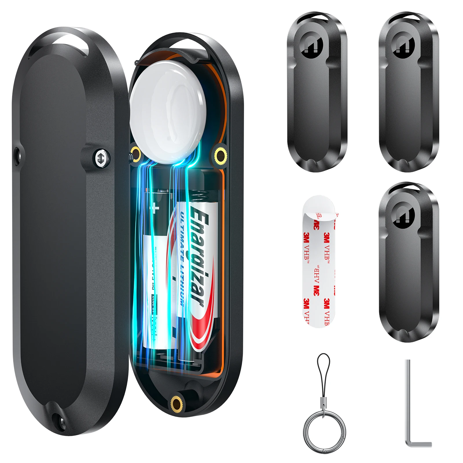 Waterproof AirTag Case 2-Pack | IP68 Protection | With Carabiner & Adhesive | Black Protective Holder