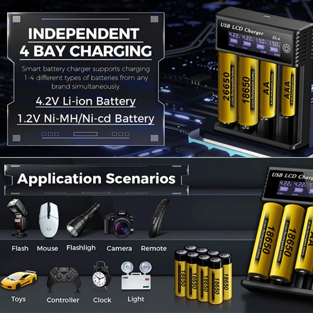 Chargeur Batterie Intelligent 4 Slots USB pour AA AAA Li-ion Ni-MH