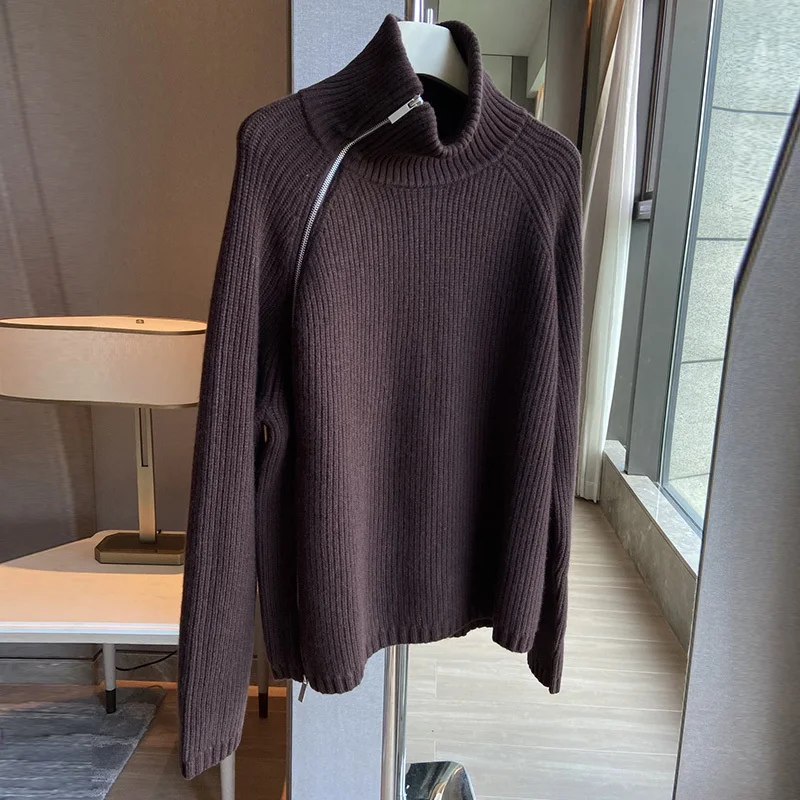 

Runway Cashmere Knitted Pullover for Women Simple Side Zipper High Collar Loose Wool Sweater High Quality Clothes 2Color Fashion