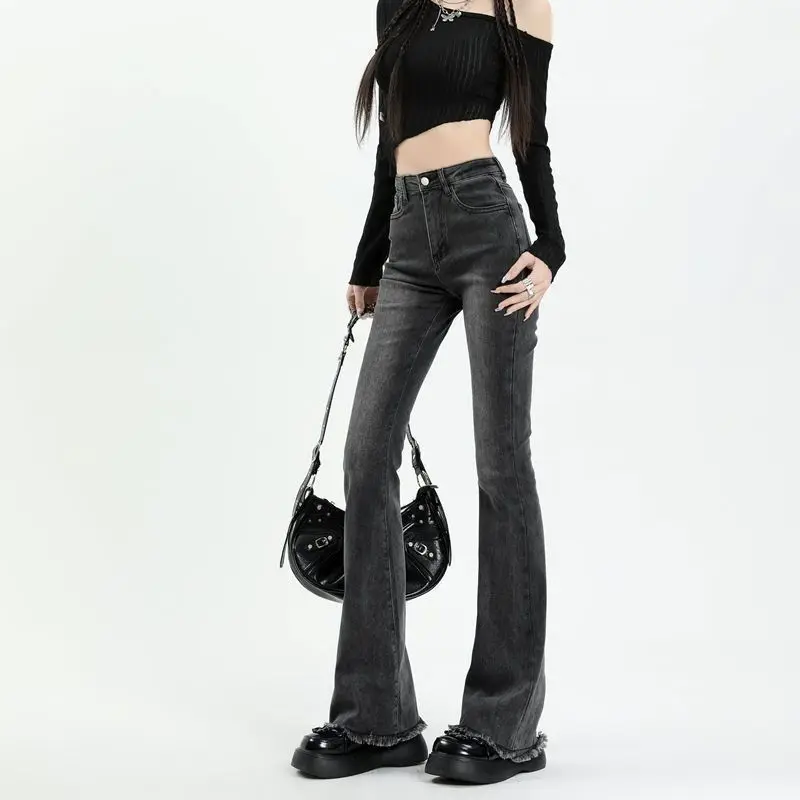 

Autumn New Fashion High Waisted Slim Fleece Edge Jeans Women's Solid Button Zipper Pockets Slim Straight Micro Flared Pants 2023