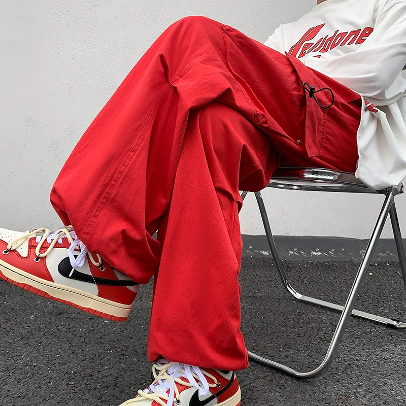 

2023 New Cargo Pants Men's Loose Solid Large Pockets Full Length Pants Male Hip Hop Street Drawstring Leggings Red Trousers 5xl