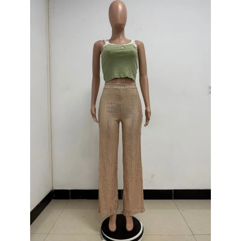 Sequin Loose Wide Leg Pants Women 2023 Autumn Fashion High Waist Soild Color High Strecth Casual Trousers Party Club Streetwear
