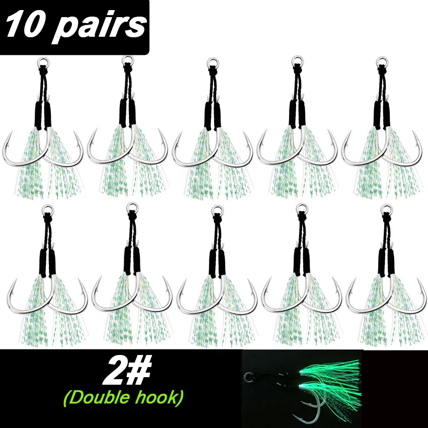 10 Paar Guss-Jig-Assistent-Haken, hochfester Edelstahl, Feder, leuchtende Linie, solider Ring, Jigging-Löffel, Salzwasser-Angelhaken – Detail 2