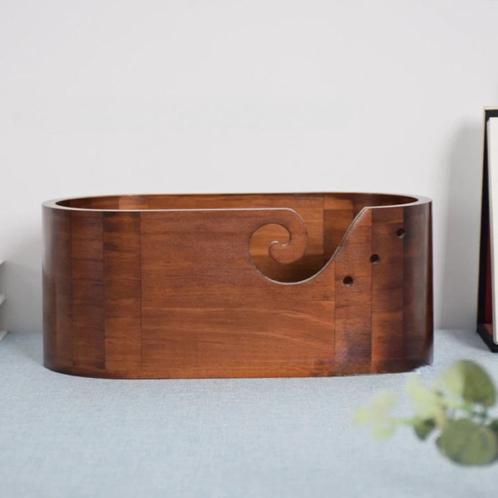 Wooden Yarn Bowl Large Size for Yarn skeins Oval Wooden Bowl Carved Holes Crochet Hook Rests Portable Knitting Yarn Holder