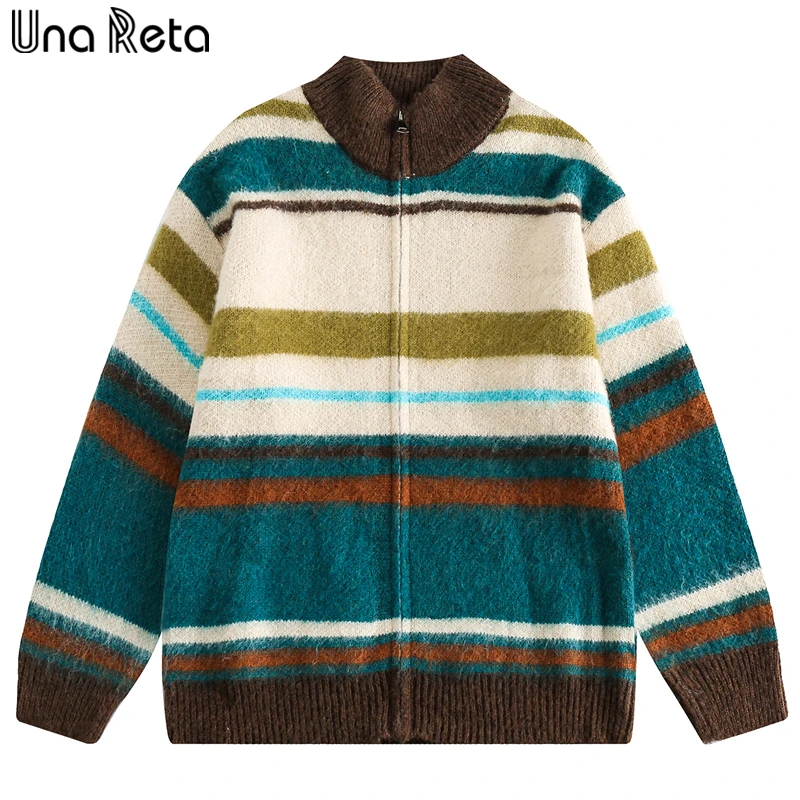 

Una Reta Harajuku Cardigan Sweater Autumn Winter Men's Coat Streetwear Casual Loose Zipper Sweater Stripe Cardigan Men