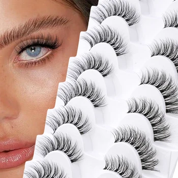 5/10 Pairs False Eyelashes Soft Natural Look Fluffy Wispy Lashes 3D Faux Mink Fake Eyelashes Clear Band Eye Lashes Make up