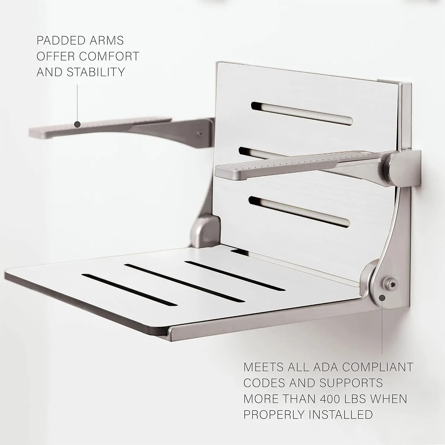 Silhouette Comfort Folding Wall Mount Shower Bench Seat with Arms White Seat with Silver Frame 16"D x 20.94"W x 12.75"H 3