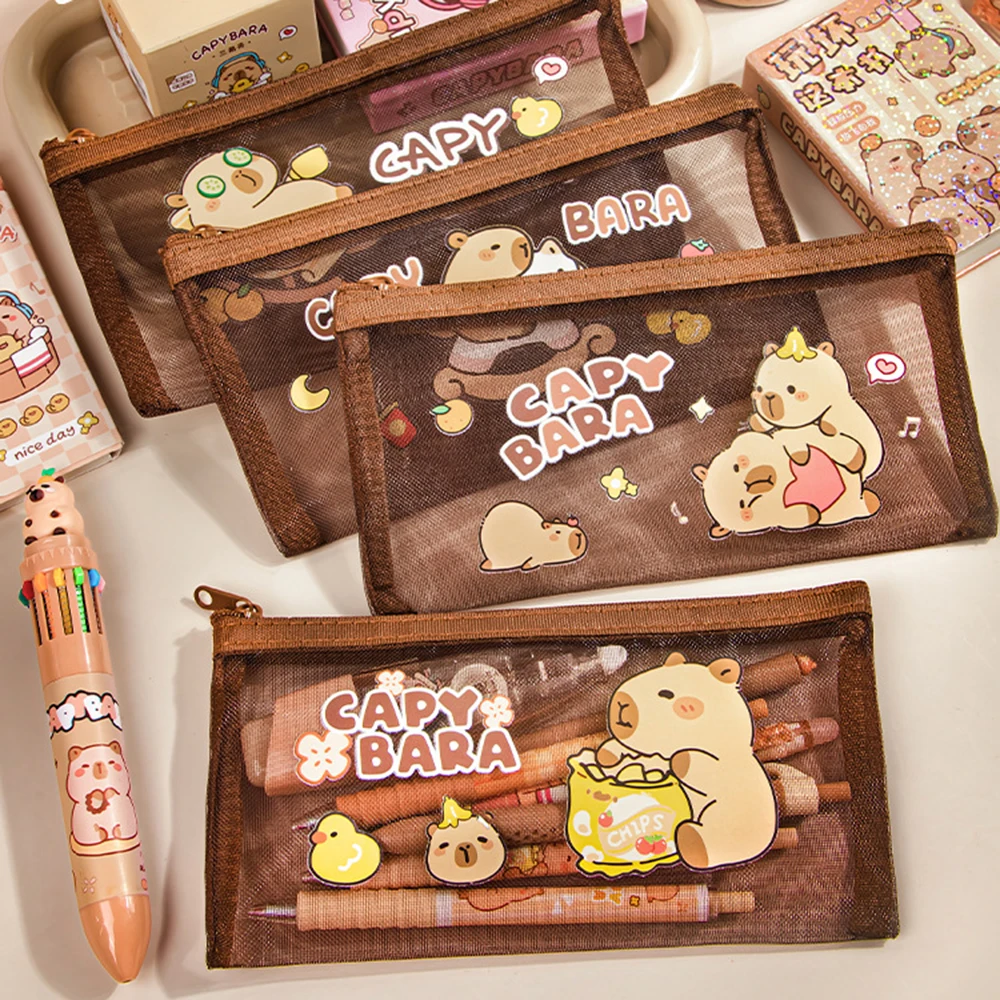 Cartoon Mesh Capybara Cosmetic Bag Large Capacity Transparent Pencil Bag Case Portable Travel Organizer Stationery Storage Pouch