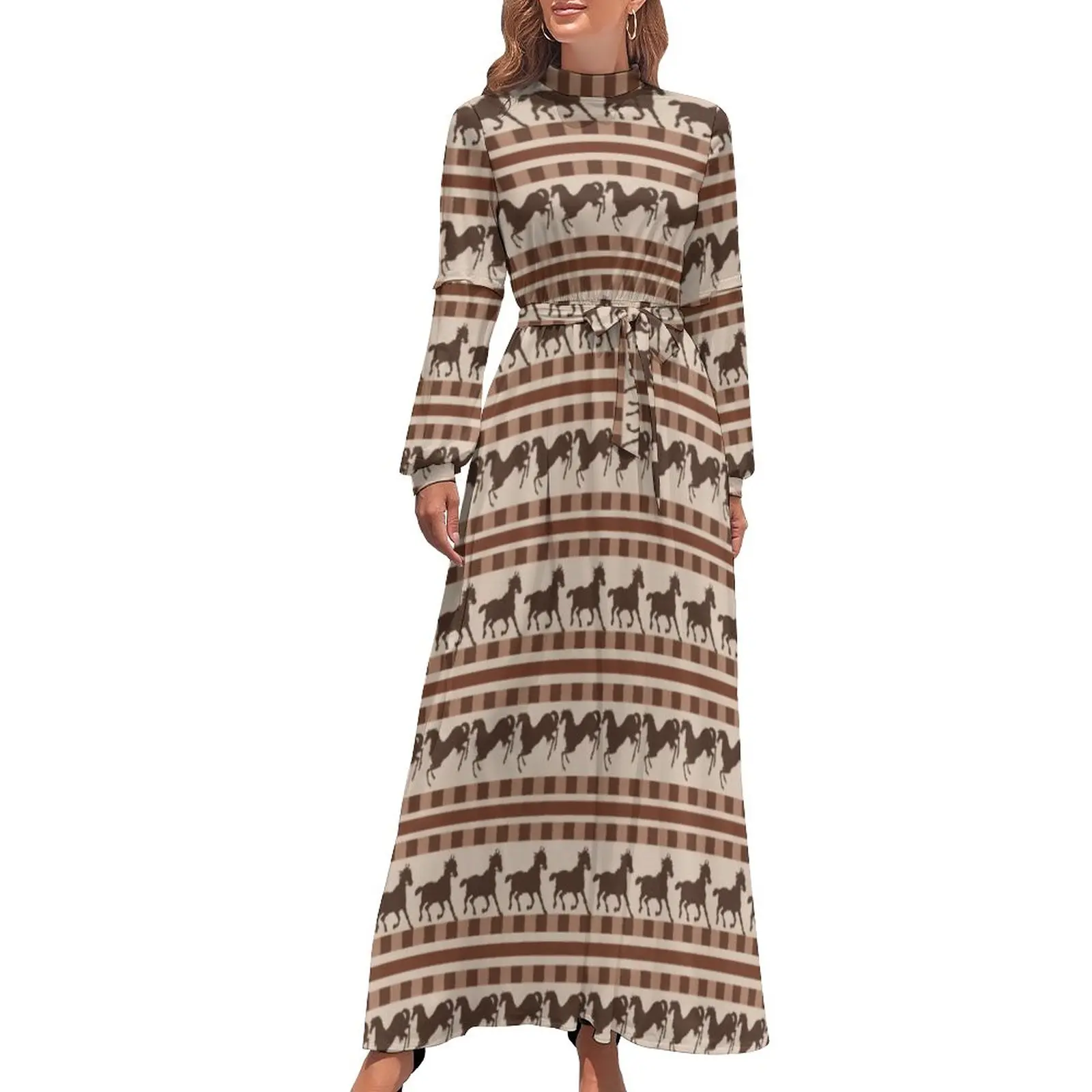 

Brown Horse Stripes Dress Galloping Animal Trendy Graphic Maxi Dress High Waist Long Sleeve Aesthetic Boho Beach Long Dresses
