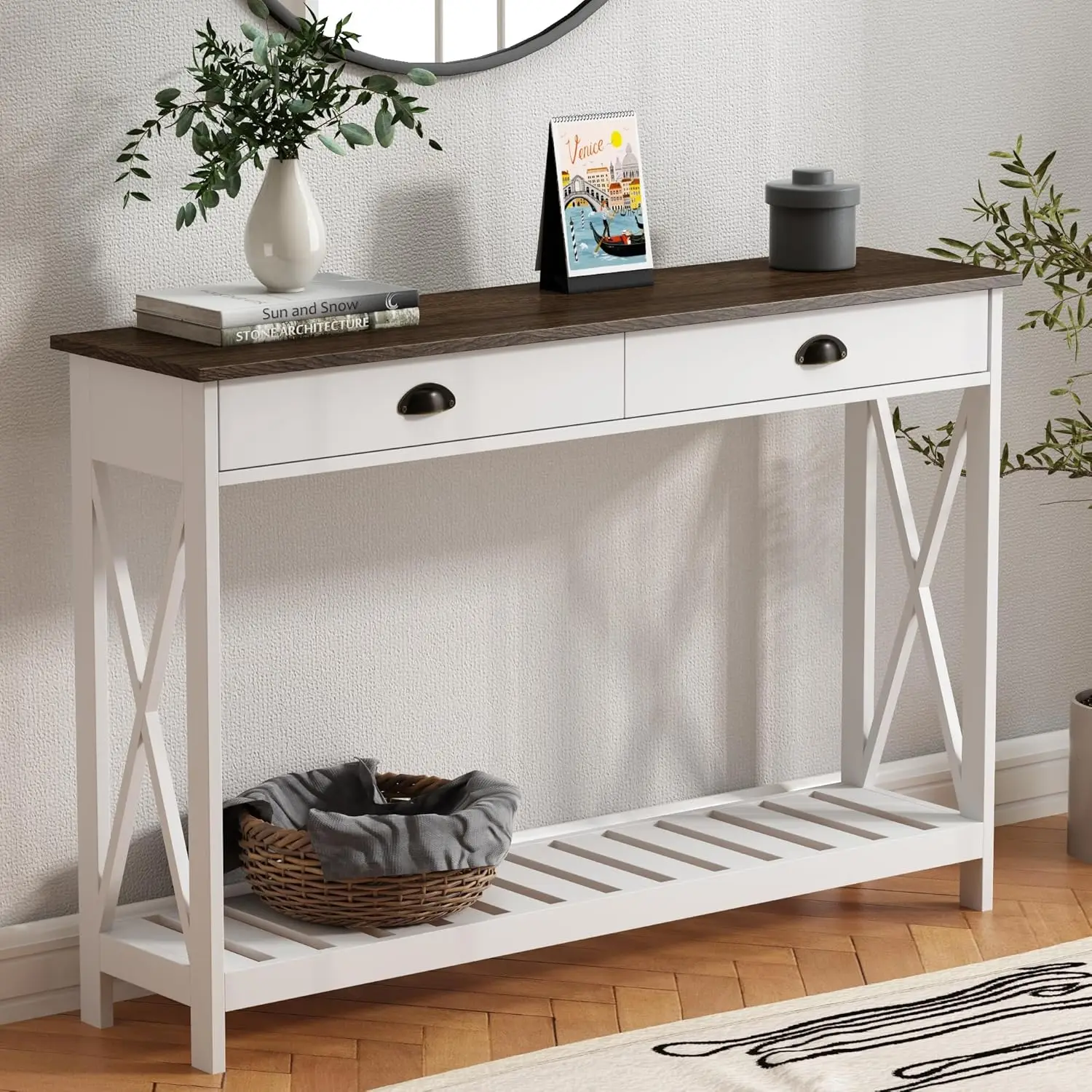 Farmhouse Console Table with Drawer for Entryway Narrow Long Entry Table with Shelf for Living Room, Rustic Vintage Hallway Sofa