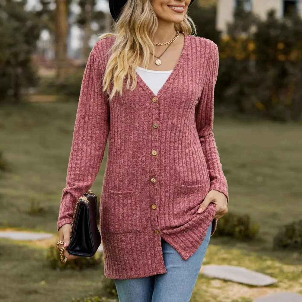 

Front Button Pocket Coat Waffle Knit Cardigan Knitted Single-breasted Women's Winter Coat with Soft Pockets Anti-pilling Warmth