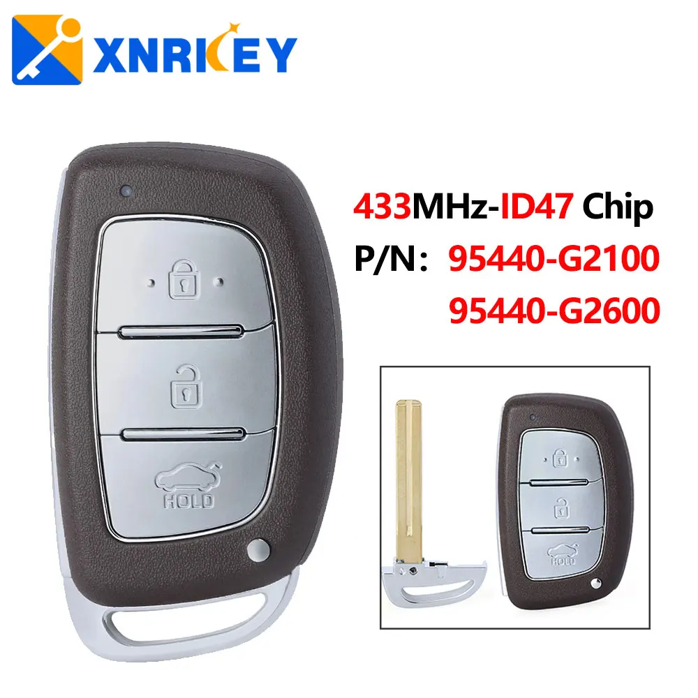 

XNRKEY 3 Button Smart Remote Car Key 433Mhz ID47 Chip for Hyundai Ioniq 2016-2019 Car Key P/N: 95440-G2100/95440-G2600