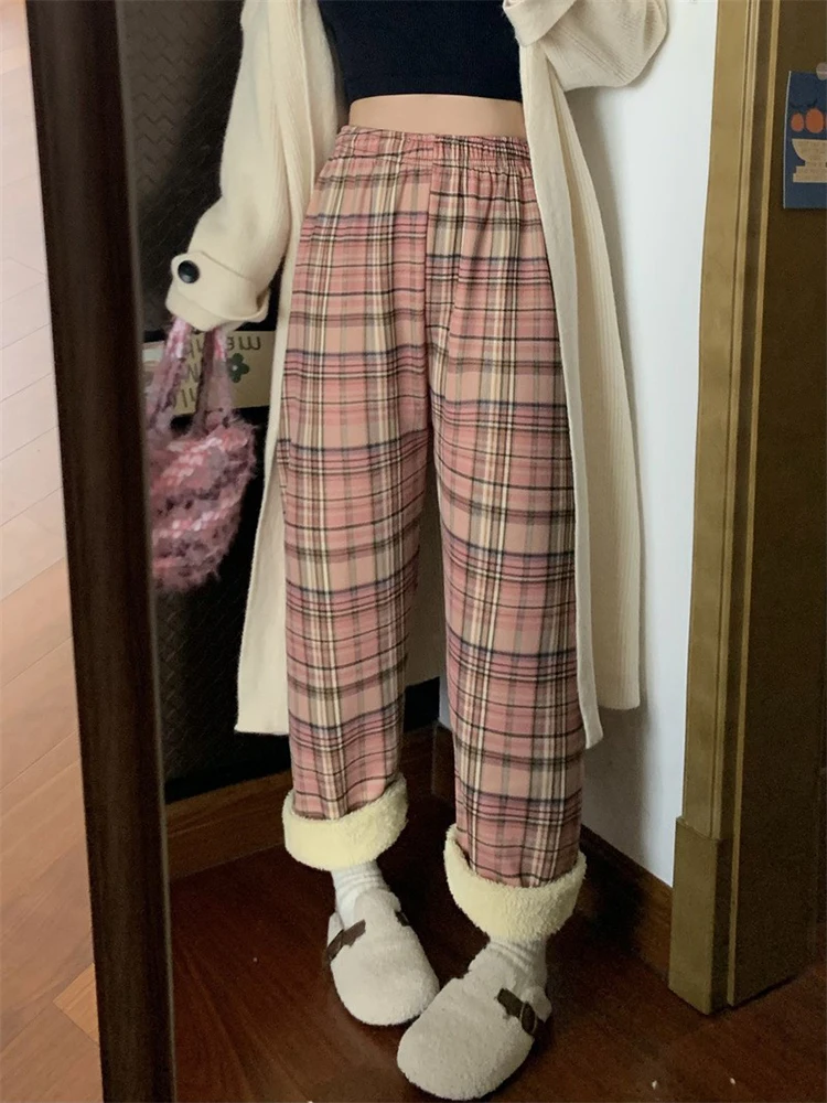 Polyester Plaid Wide Leg Pants for Women Fall Winter