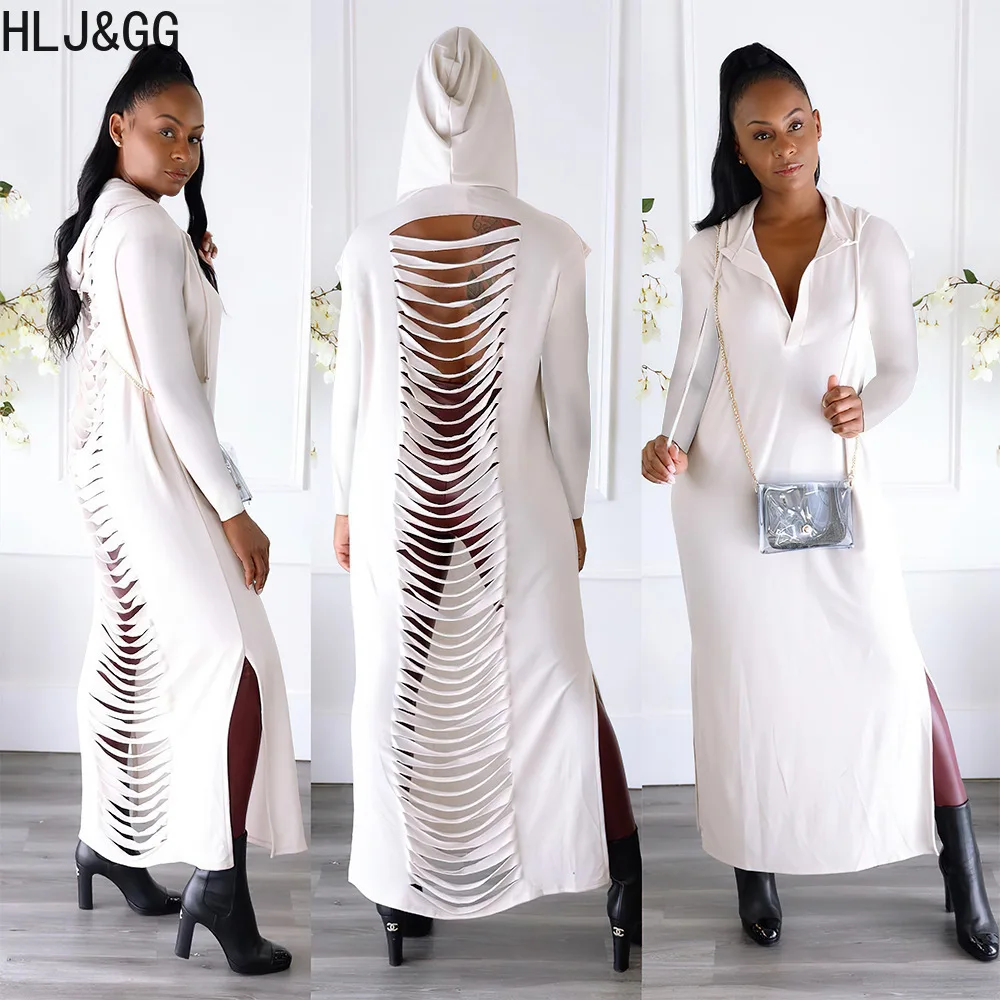 

HLJ&GG Autumn Winter V Neck Hooded Sweater Dress Women Long Sleeve Back Hollow Hole Straight Mid Dresses Casual Solid Vestidos