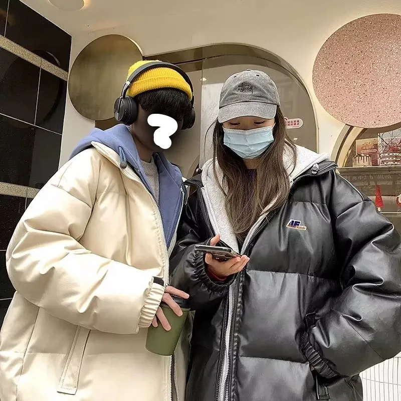 Autumn and Winter Korean Version Loose PU Leather Versatile Hooded Cotton Clothing Hong Kong Fashion Brand Warm Cotton Jacket