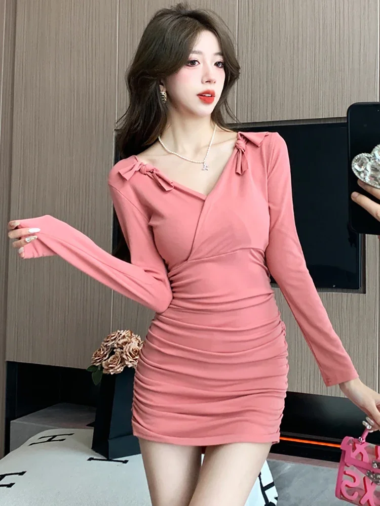 

Pink V-neck Sexy Club Mini Dress 2023 Autumn Winter Eleagnt Bodycon Hip Wrap Skirt Women Casual Long Sleeve Korean Party Dresses