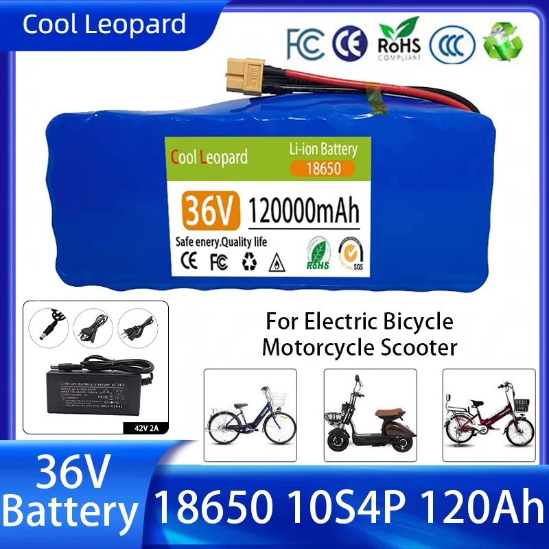 

36V 120000mAh Battery 10S4P Rechargeable High Power Capacity Lithium Battery Pack with BMS Electric Bicycle Motorcycle Batteries