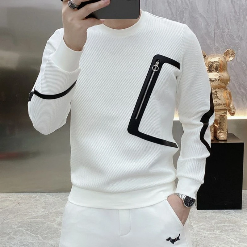 

Sweatshirts for Man Slim Fit Top Men's Clothing Patchwork Hoodieless White New Rock Pullover No Brand Novelty and High Quality