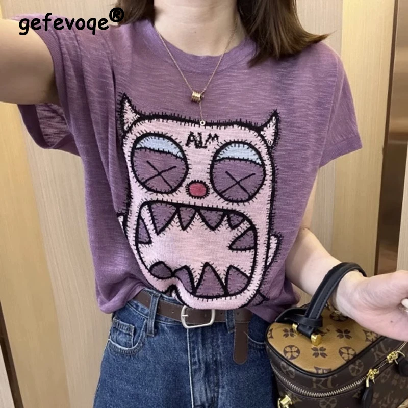 

Women's Trendy Funny Cartoon Print Y2K Short Sleeve Chic T-shirts 2024 Summer Casual Streetwear O Neck Loose Tops Ropa De Mujer