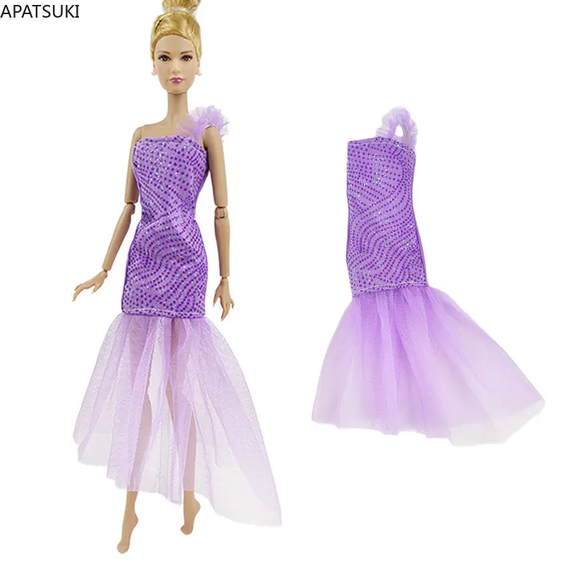 Viola Glitter Fashion Ruffle Dress Per Barbie Doll Abbigliamento Abiti Sirena Fishtail Party Gown 1/6 Bambole Accessori Giocattoli