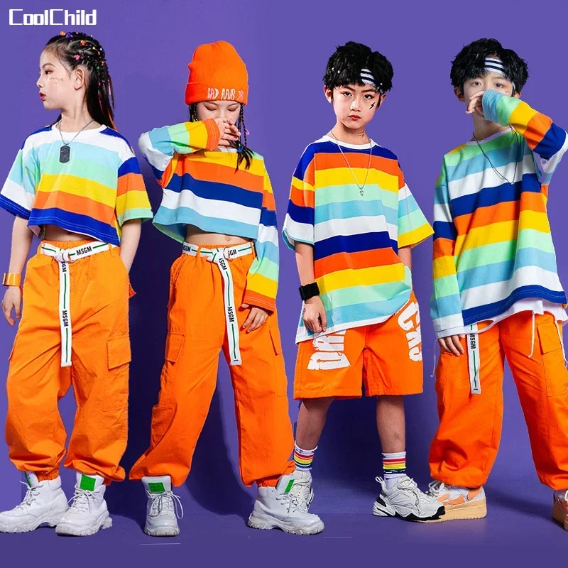 Girls Striped Crop Top Cargo Pants Skirts Boys Hip Hop Rainbow T-shirt Street Dance Shorts Children Streetwear Kids Jazz Costume