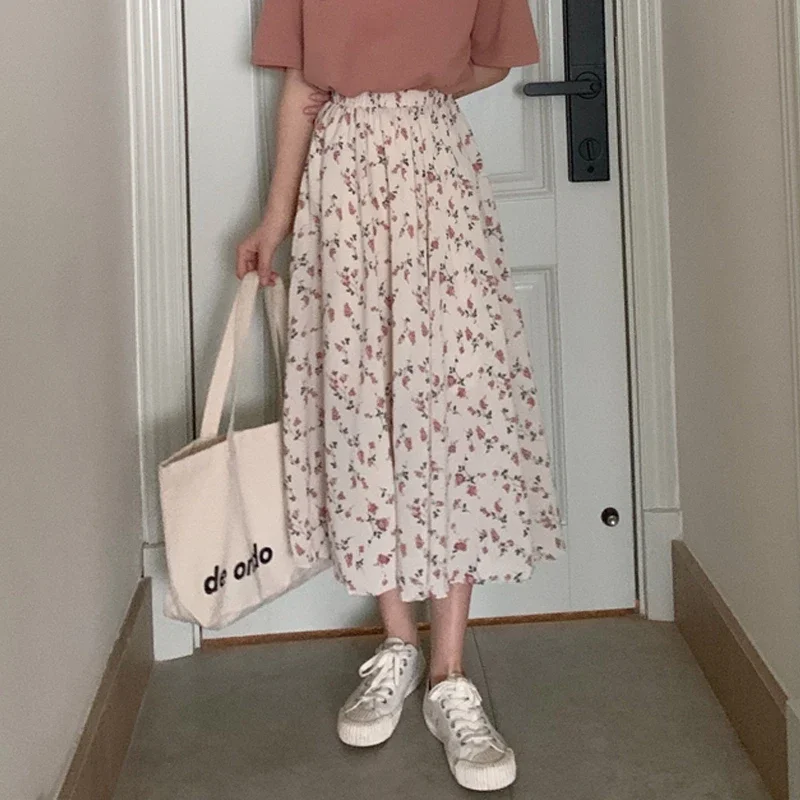 Women Vintage Floral Print A-line Pleated Long Skirts 2024 Korean Skirt Streetwear Drawstring Elastic Waist  Summer Midi Skirt