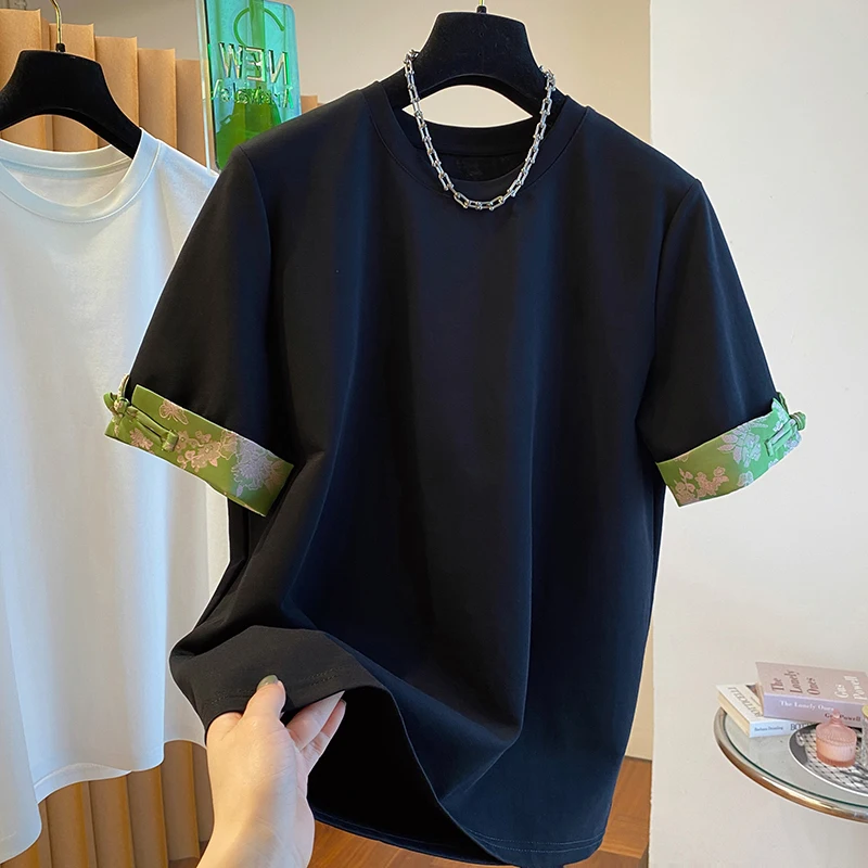 

New Chinese Style Stitching Cuff Short Sleeve T-shirt Women's Spring 2024 Design Sense Fashion Chic Top Tees