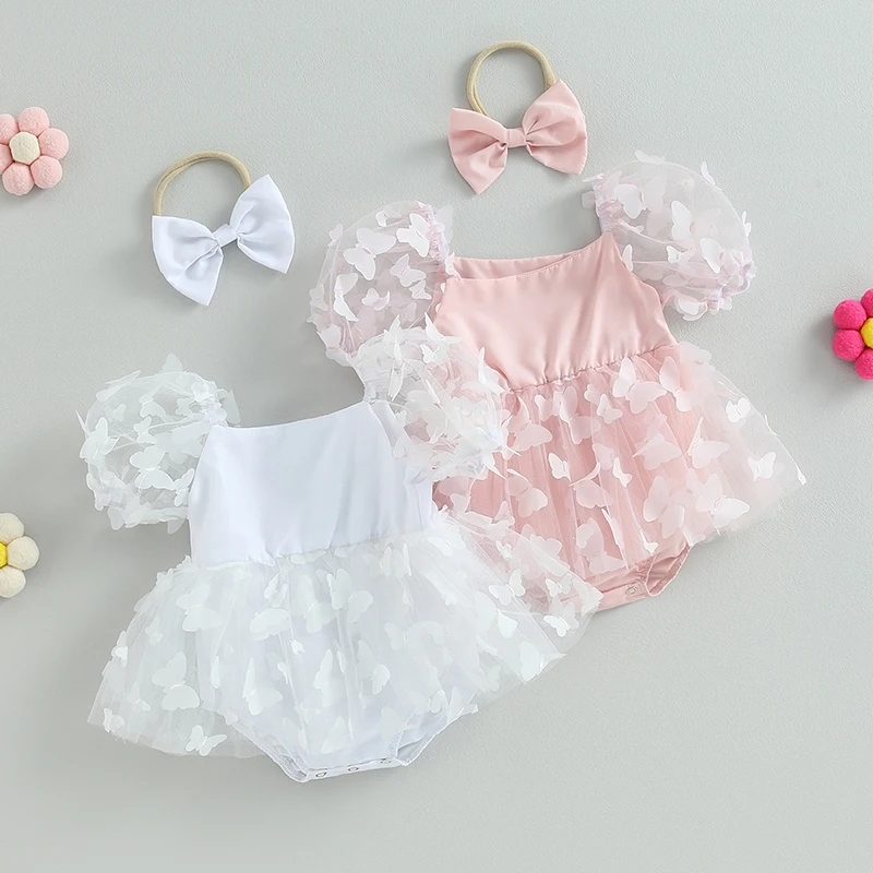 

Baby Girl Cute Romper Mesh Short Puff Sleeve Lace Butterfly Patchwork Jumpsuit with Bow Headband