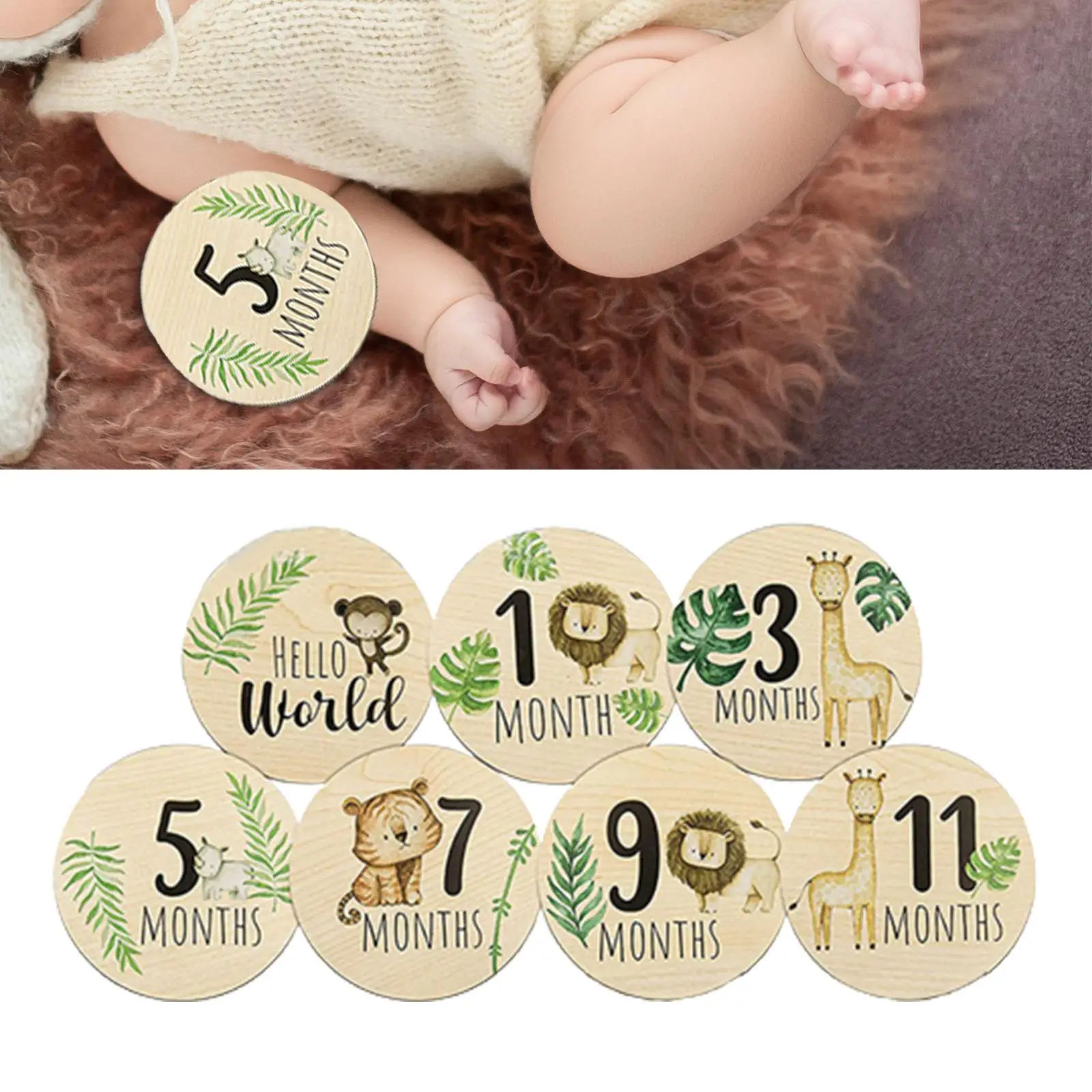 7 Pieces Wooden Baby Milestone Cards Round Baby Announcement Cards