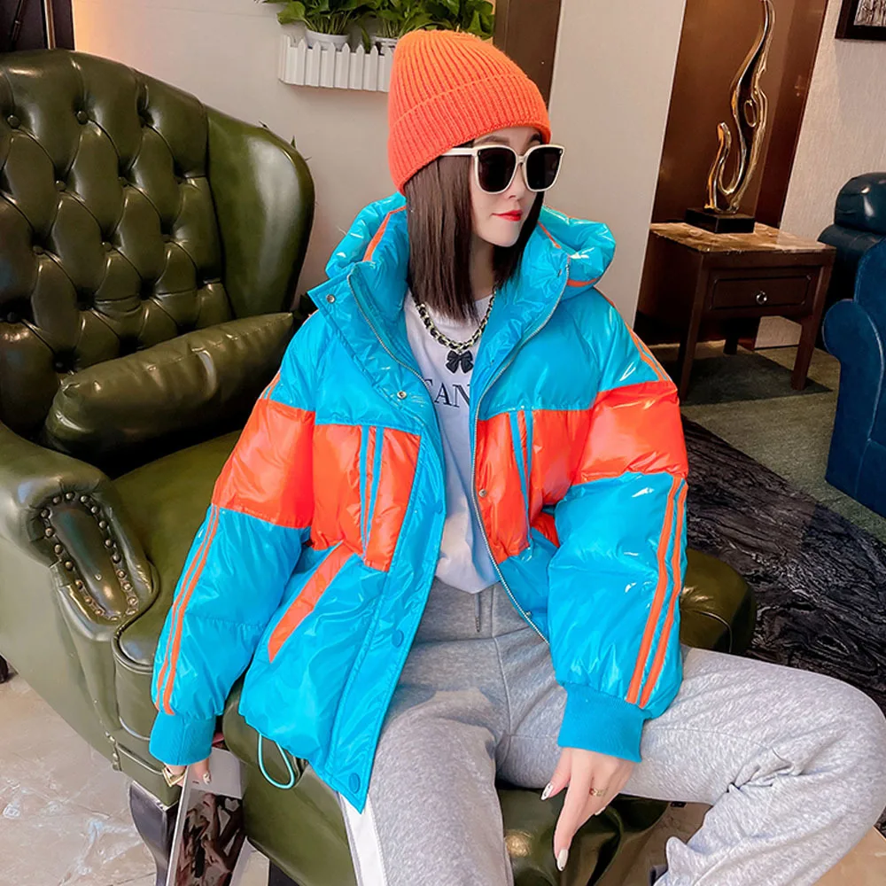 

Fashion Glossy Splice Jacket Women Winter Warm Short Cotton-padded Parka Loose Hooded Bread Female Clothes Coat Ladies Outerwear