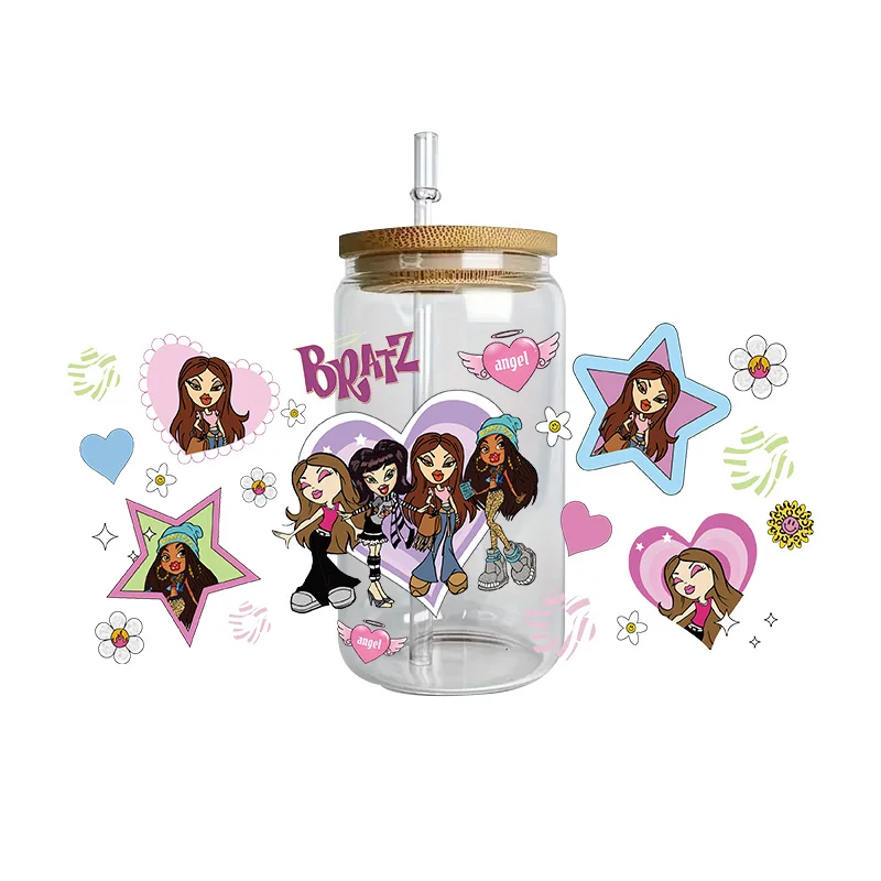 Rock band girl series Easy peel waterproof DIY Decals 3D transfers uvdtf crystal stickers 16oz uv dtf cup wraps for Glasses