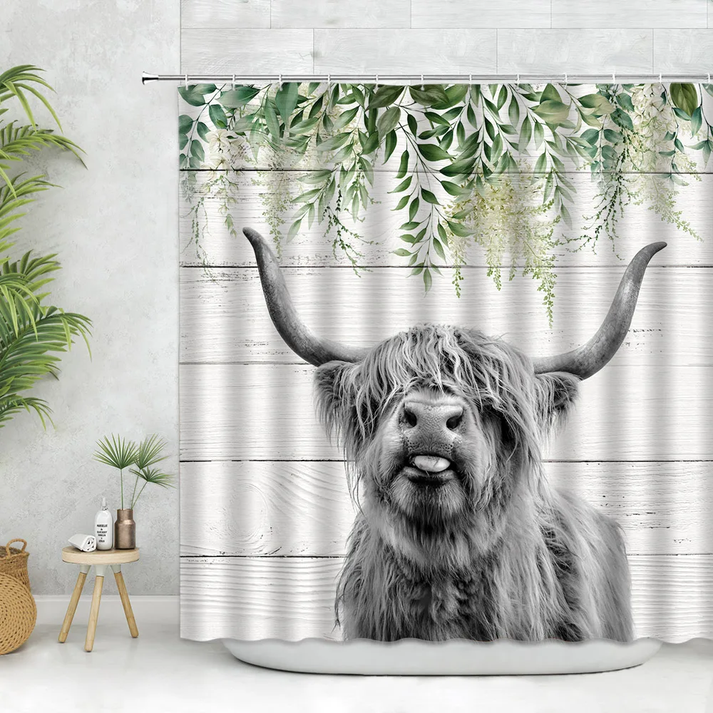 Highland Cattle Shower Curtain Country Flower Farm Wooden Farmhouse