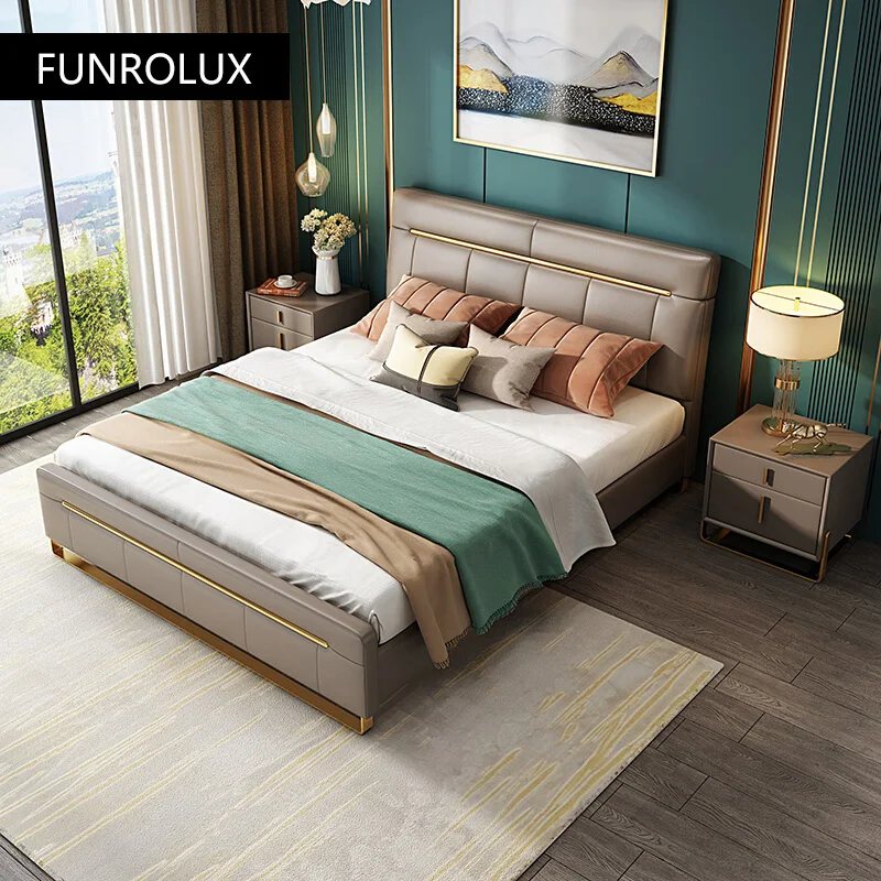 Modern bedroom minimalist bed bedroom double bed1.8M master high box marriage bed leather art soft