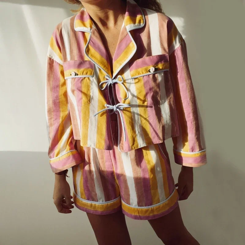 New 2 Vintage Garments Independent Graphic Print Front Tie Bow Full Sleeve Shirt T-shirt + Shorts Fairy Cottage Y2K Street Wear