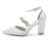 Thick Heel Lady Satin Evening Dress Shoes Pointed Toe with Crystal Strap Middle Ankle Strap Bridal Wedding Party Cocktail Lady 3