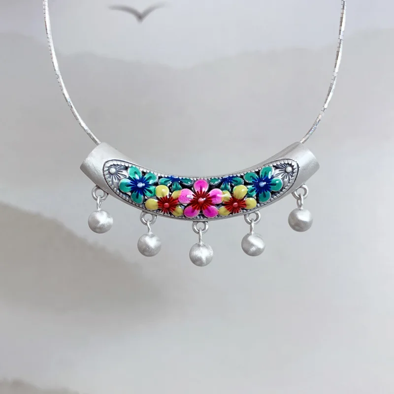 

925 Sterling Silver Enamel Colorful Flower Elbow Pendant for Women Chinese Style Hollow Beads Tassel Choker Pendant Jewelry DZ40