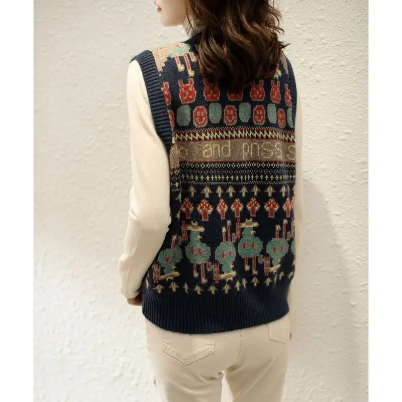 Autumn Winter New Fashion Printing High Street Sleeveless Sweater Vest Women High Street Casual Loose Embroidered Chic Pullover