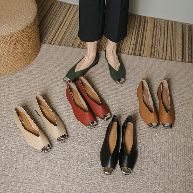 

Женские универсальные кожаные туфли, туфли-лодочки с квадратным носком и низким металлическим каблуком, 2024