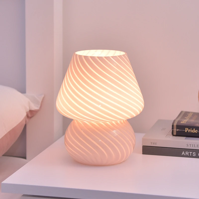 Ins Creative Glass LED  Lamp Bedroom Bedside Table Night Light Striped Frosted Mushroom Table Simple Decoration Cute Translucent 3