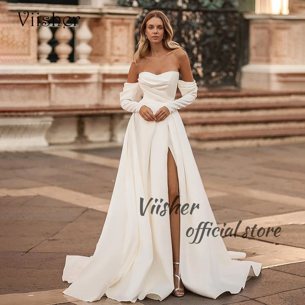 

Viisher Ivory Satin A Line Wedding Dresses with Slit Train Pleats Strapless Beach Bridal Gowns 3/4 Sleeve Boho Bride Dress